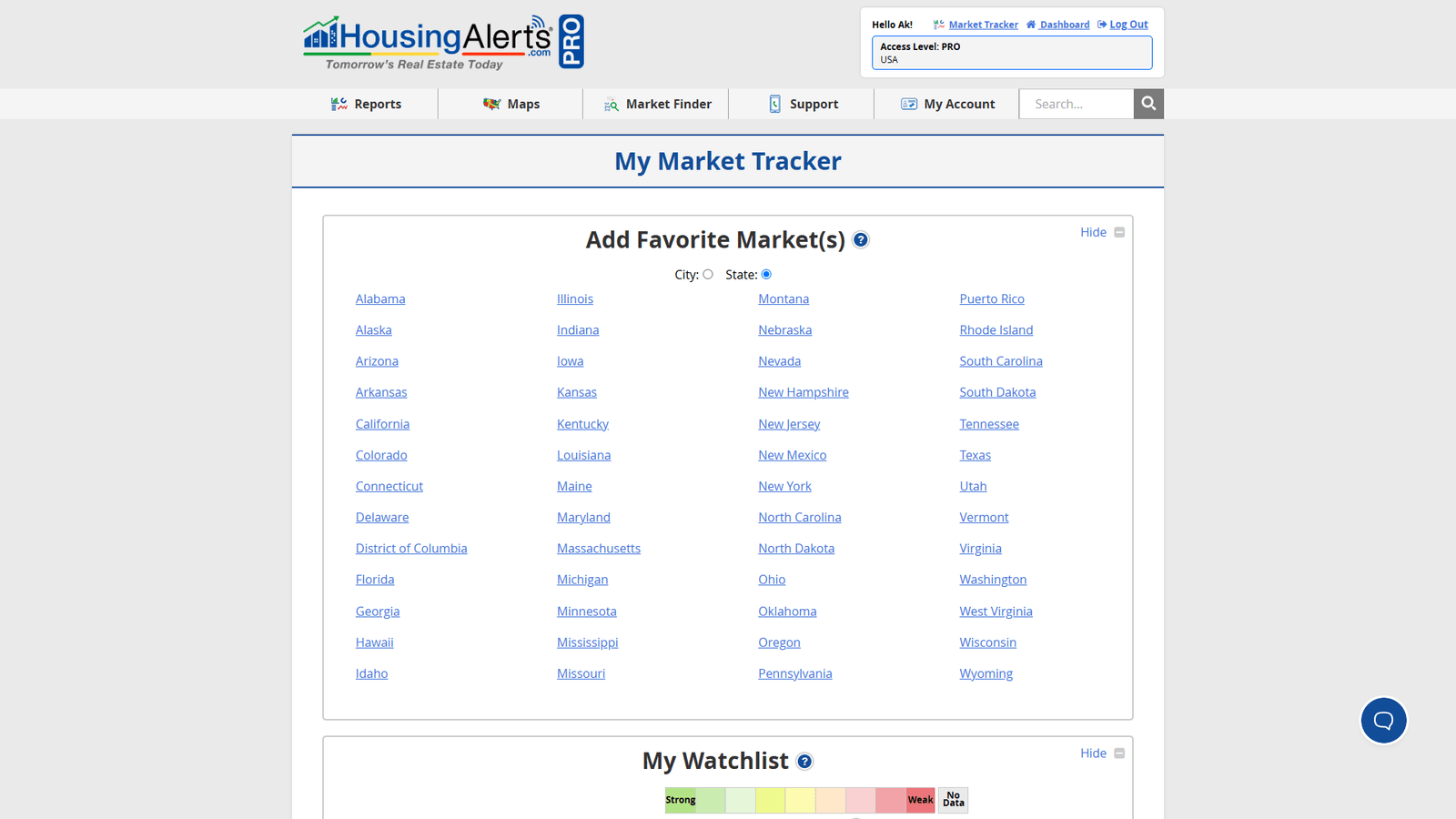 The classic My Market Tracker page showing the 'Add Favorite Market(s)' panel with the State list and City search used to build a Watchlist of favorite markets.