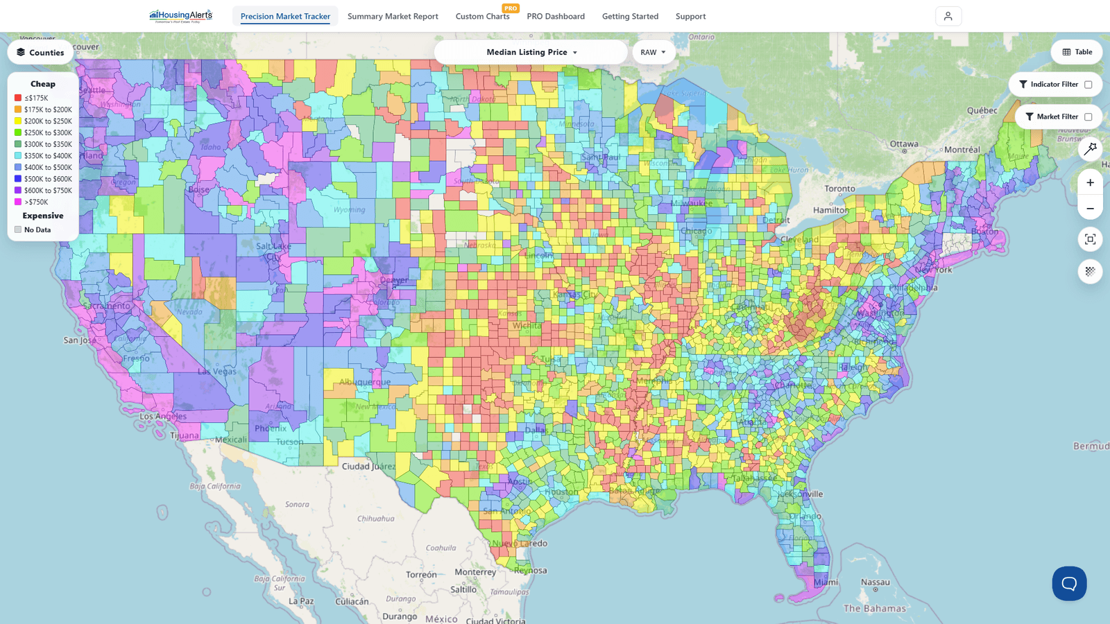 The HousingAlerts national Map showing every U.S. county color-coded on one heatmap.