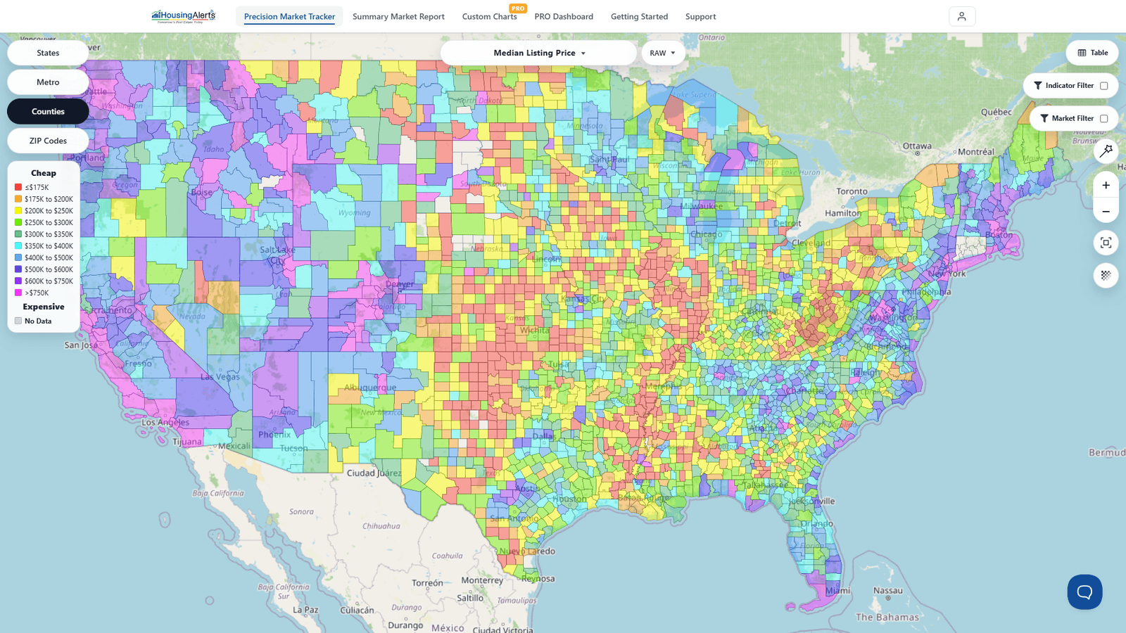 The market-level selector expanded, showing States, Metro, Counties, and ZIP Codes options.