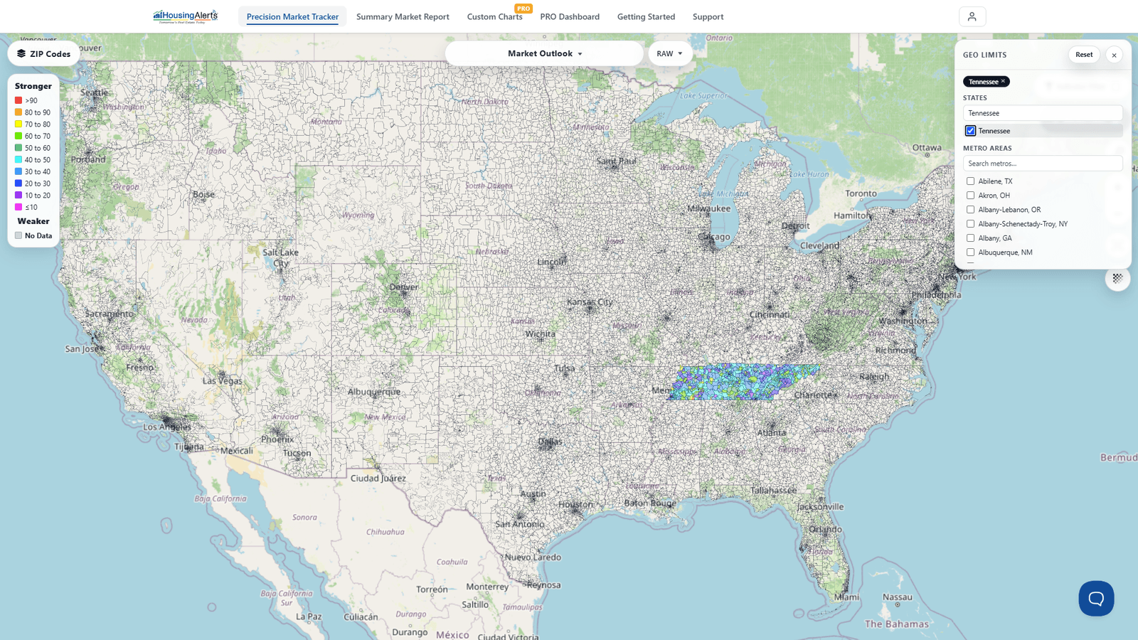 The Map filtered to Tennessee at ZIP Code level, with the ranked Table of Tennessee ZIP codes by Market Outlook Score.