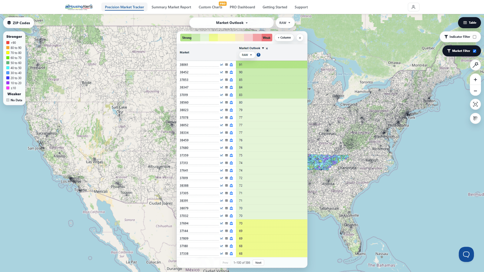 The Map at ZIP-code level filtered to a single state, each ZIP shaded on a best-to-worst heatmap to reveal micro-markets inside the larger market.