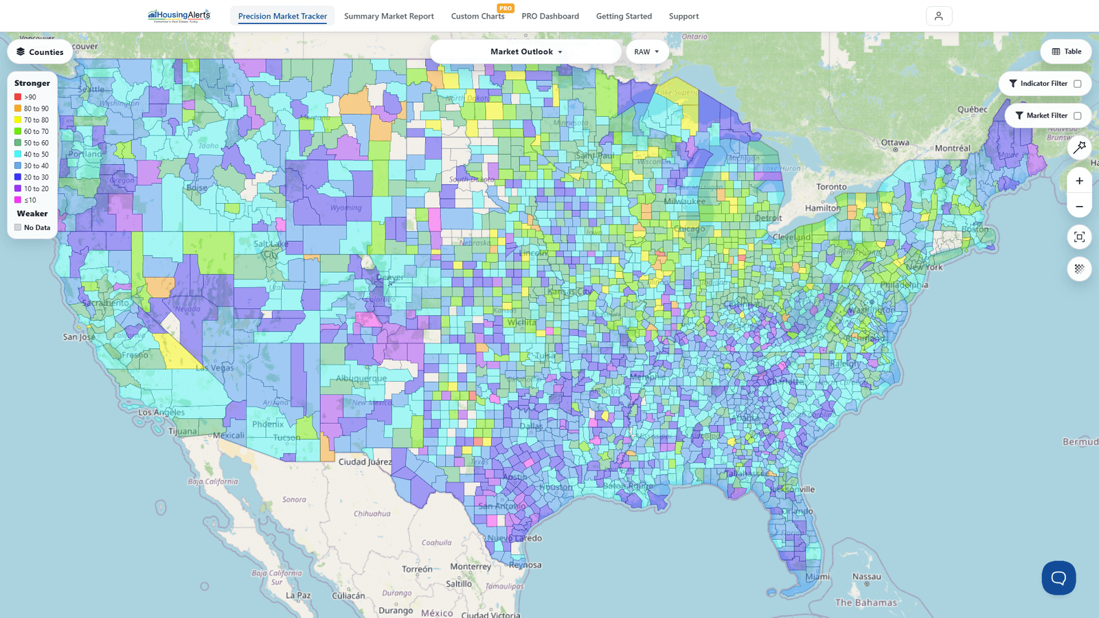 The Precision Market Tracker Map (successor to the D.R.E.A.M. / Metro Maps tool), here shaded by Market Outlook; choose any appreciation indicator from the dataset picker to shade by appreciation.