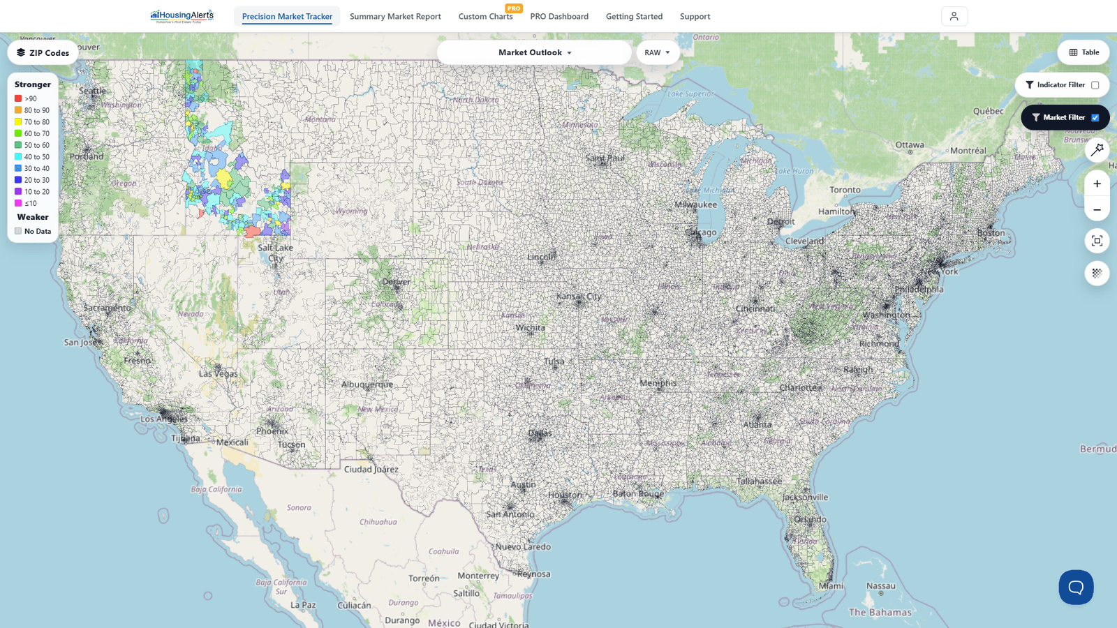 The Precision Market Tracker Map at ZIP level filtered to a single state, each ZIP shaded best-to-worst to reveal the pockets to target vs. avoid.