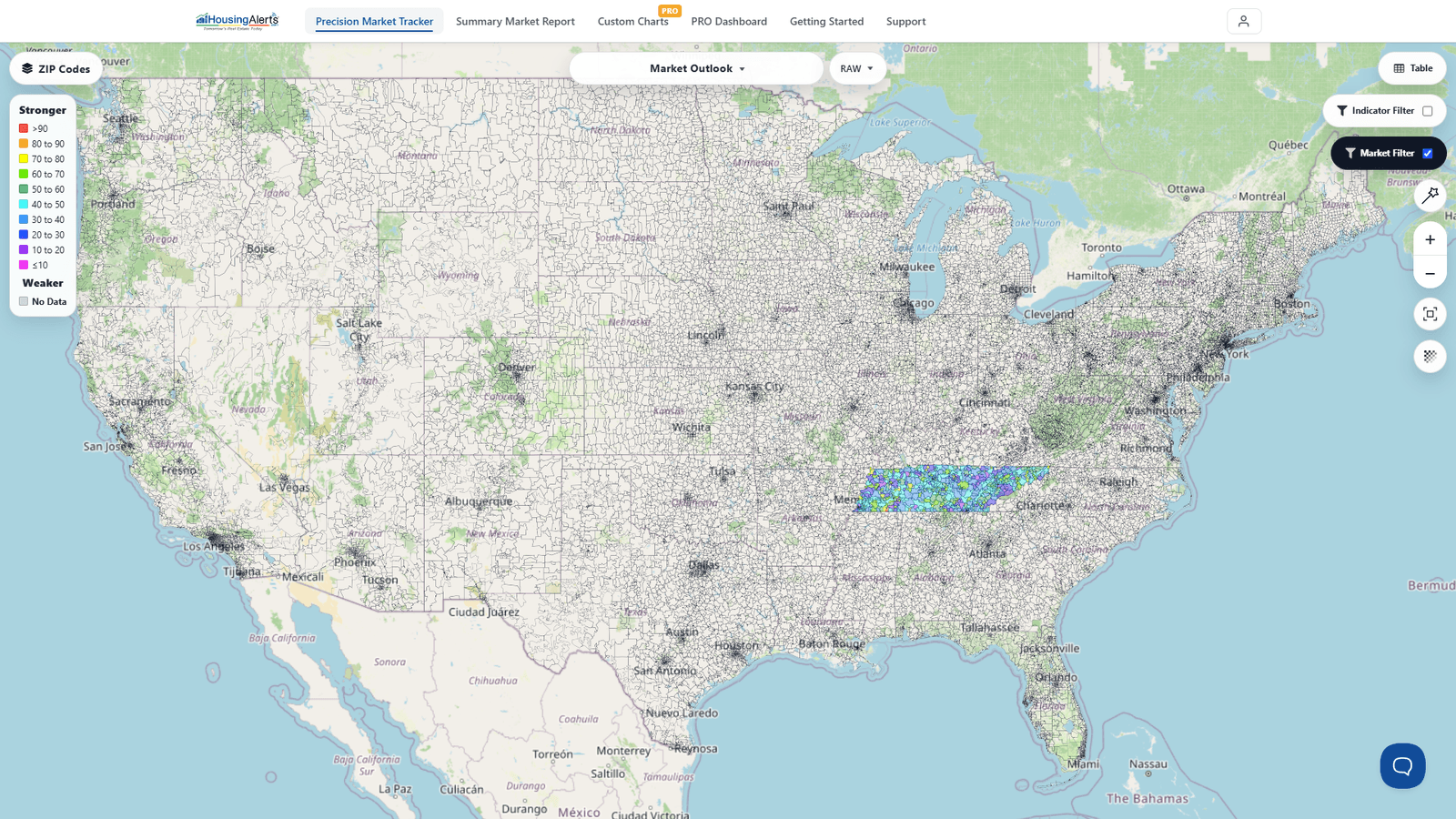 The Precision Market Tracker Map at ZIP level filtered to a single state, ZIPs shaded best-to-worst to reveal the relatively strong pockets within a strong metro.