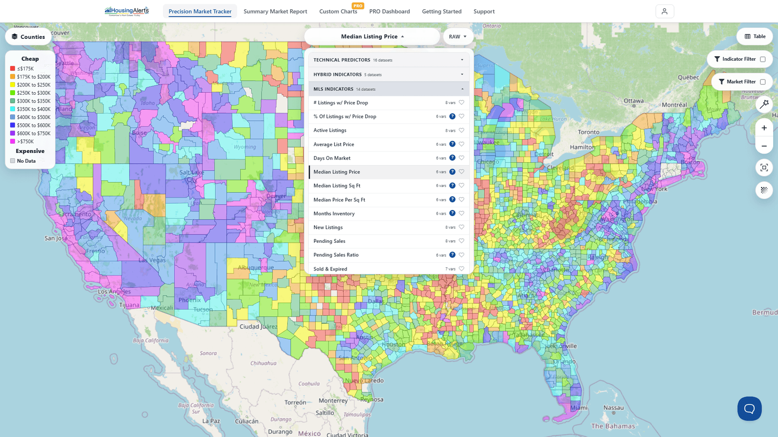 The Map's dataset/indicator picker open, listing the categories and indicators (Technical Predictors, appreciation, cash flow, etc.) you can shade the map by.